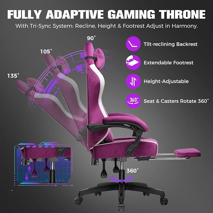 GTPLAYER Gaming Chair, Ergonomic Computer Chair with Footrest and Lumbar Support, High Back Recliner Chair 350lbs, Height Adjustable for Home Office, Purple - Image 6