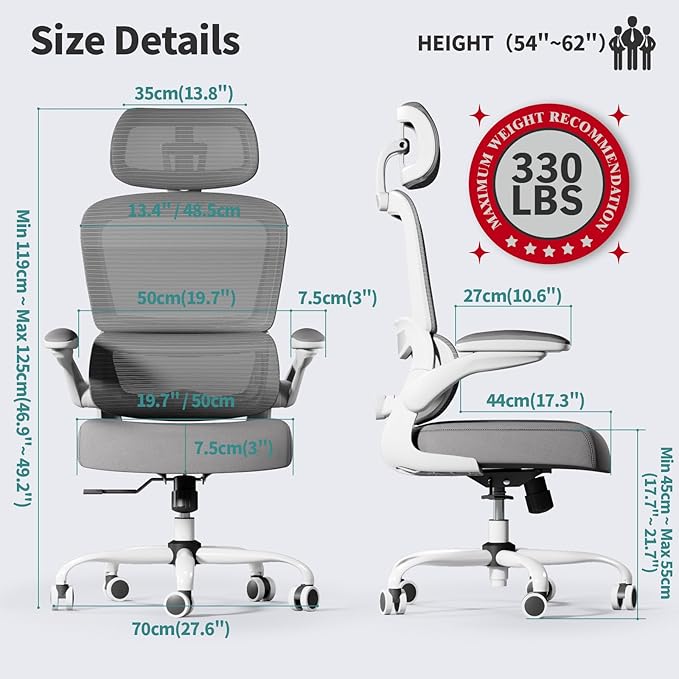 TRALT Office Chair Ergonomic Desk Chair - Gaming Chair with Lumbar Support (5, White) | 330 LBS Home Office Desk Chairs with Headrest, Reading Chair with Flip-up Armrests, Comfortable Computer Chairs (5, White) - Image 3