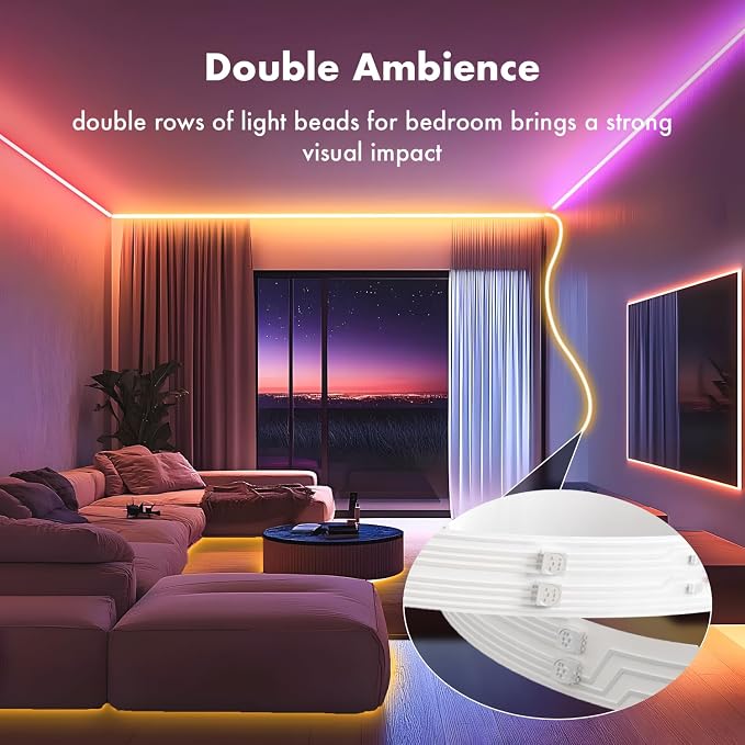 LED Lights for Bedroom, 2025 Double Row 100FT 960LEDs RGB Strip Lights Music Sync Color Changing LED Lights, APP+44Key Remote Control Timed Dimming for Bedroom Home Decor(2Rollsof50FT) - Image 3