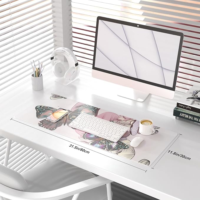 QiyI PU Leather Large Mouse Pad, Office Decor, 31.5" x 11.8", Butterflies | Desk Décor Accessories, Extended Size, Waterproof & Easy to Clean, Smooth Surface, Non Slip Desk Organization - Image 2