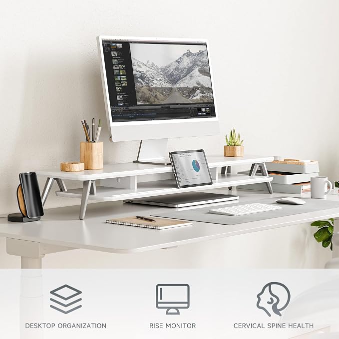 Fenge Dual Monitor Stand Riser, Wooden Desk Shelf with 2-Tier Storage | 42.5-Inch Wide, Sturdy Aluminum Legs, Built-In Phone & Tablet Slot, Desktop Organizer for Office Accessories - Image 2
