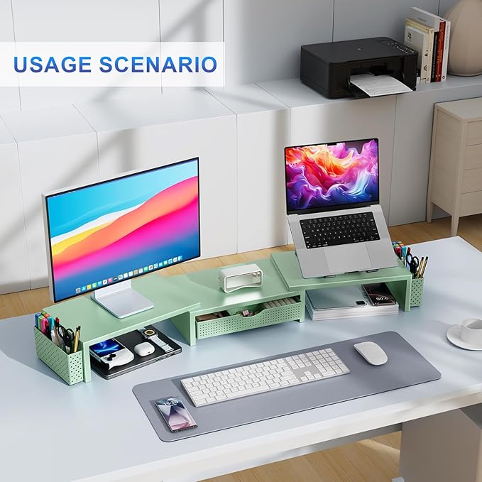 gianotter Dual Monitor Stand Riser With Drawer and 2 Pen Holders | Desk Organizer and Accessories Computer Monitor Stand, Desk Shelf for Top of Desk (Sage Green) - Image 5
