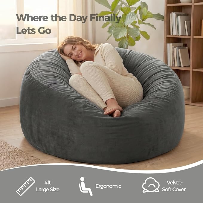 ACH 4ft Bean Bag Chair for Adults, Large Oversized Memory Foam Floor Chair, Machine Washable Velvet Cover, Living Room and Bedroom (Grey, Large) - Image 3
