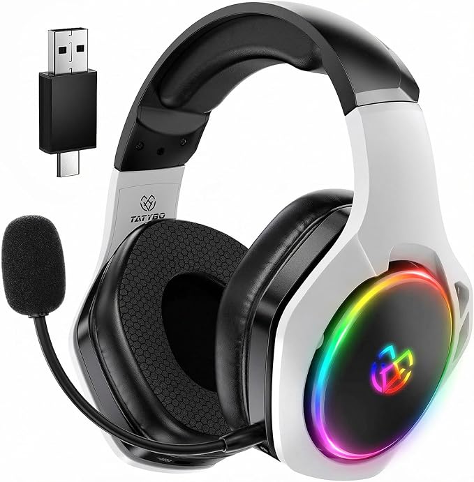 Tatybo Wireless Gaming Headset for PS5, Dual Mode, Low Latency, Black White by Tatybo