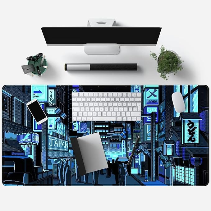 Japanese Gaming Arcade Blue Large Gaming Mouse Pad Keyboard Desk Pad Extended Mouse Pad Gaming Office Decor, Pc Laptop Mouse Pads Large (31.5x15.7 in) with Stitched Eges Non-Slip Base Mousepad XXL - Image 4