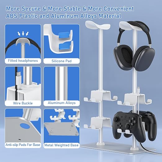 MANMUVIMO Headset Controller Stand for 2 Headset and 8 Controller, Headphone Stand Gaming Controller Holder for PS5 Xbox Airpods Beats Bose, Gaming Room Accessories, Gamer Gifts for Men (White) - Image 3