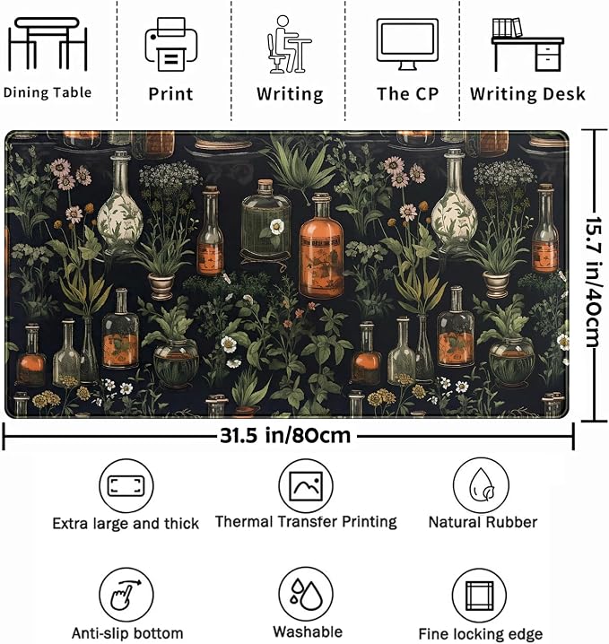 Black Aesthetics Desk Mat Mouse Pad Large Gaming Mouse Pad Desk Pad Mousepad, Mystical Green Plant Computer Laptop Keyboard and Mouse Mat, Desktop Protector Mat for Women Girl Office 31.5x15.8 in - Image 2