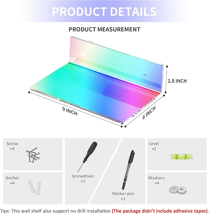 Sezanrpt 9 Inches Iridescent Floating Shelves Acrylic, White Wall Shelves for Living Room Décor, Bedroom, Bathroom, Kitchen, Dining Room, Brand Store, Retails, Gaming Room, 2 Pack - Image 2