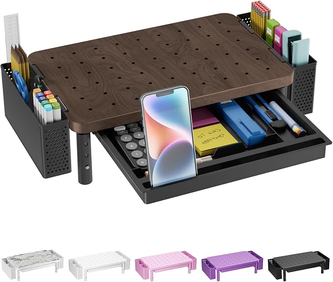 WALI Computer Monitor Stand with Storage and Pen Holder | 3 Height Adjustable Desk Organizer with Drawer, Desk Laptop Monitor Riser for Computer, Printer(PTT003-C), 1 Pack, Brown by WALI