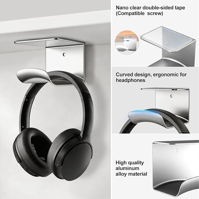 Headphone Holder, Aluminum Headset Hanger with Adhesive Mount | Space Saving Headphone Stand for Gaming Desk, Computer, Office Setup, Silver - Image 5