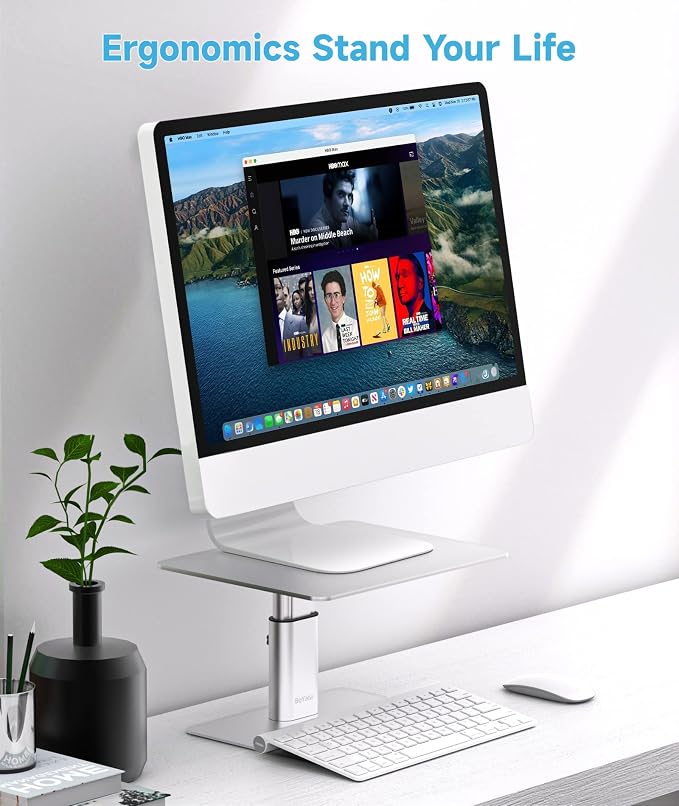 BoYata Monitor Stand, Adjustable Height Metal Desktop Riser, Silver | Height-Adjustable Metal Riser with Open Storage Space Underneath for Monitors, Laptops, iMacs, PCs and TVs - Image 2