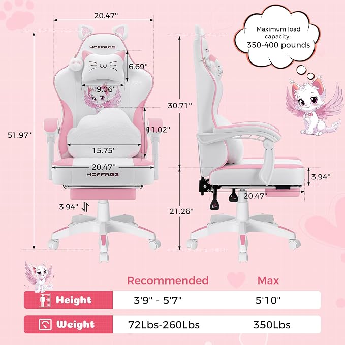 Pink Gaming Chair for Girls Cute Massage Computer Chair with Cat Ears | Cute Computer Office Chair Ergonomic Reclining Gamer Chair with Footrest Lumbar Support PC Game Chairs for Women Adults - Image 2