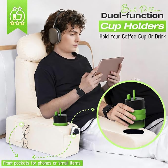 19 INCH Reading Pillow for Adults, Back Pillow for Bed Sitting Up, Backrest Pillow for Sitting in Bed, Detachable Arms with Built-in Cup & Phone Caddy (Beige, 19 INCH) - Image 3