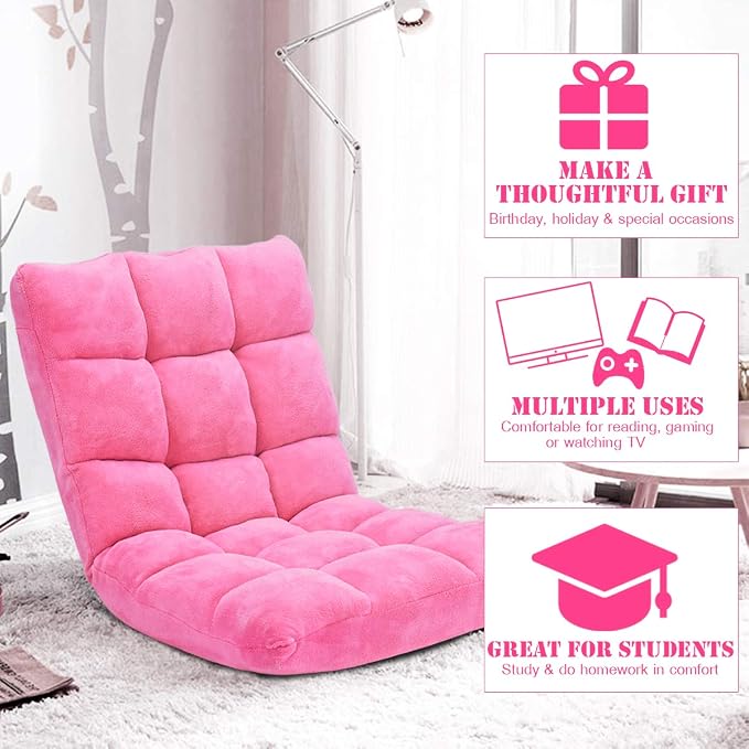 GIANTEX Floor Chairs for Adults, Floor Gaming Chair w/Back Support (Pink) | Coral Velvet, 14 Adjustable Position, Thick Sponge Padding, Floor Seating Lounge for Reading, Watching TV, Meditation - Image 6