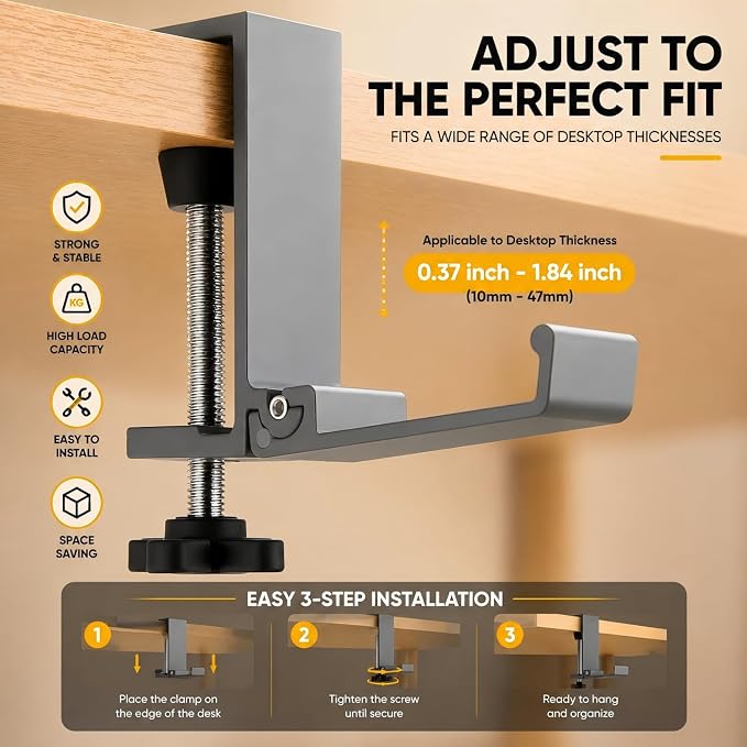 JAKO Headphone Stand for Desk, Aluminum Alloy Foldable Headphone Holder - Headset Stand Hook Mount, PC Gaming Headset Holder Under Desk Clamp for Office, Computer, Student Class Table, Handmade Table - Image 5