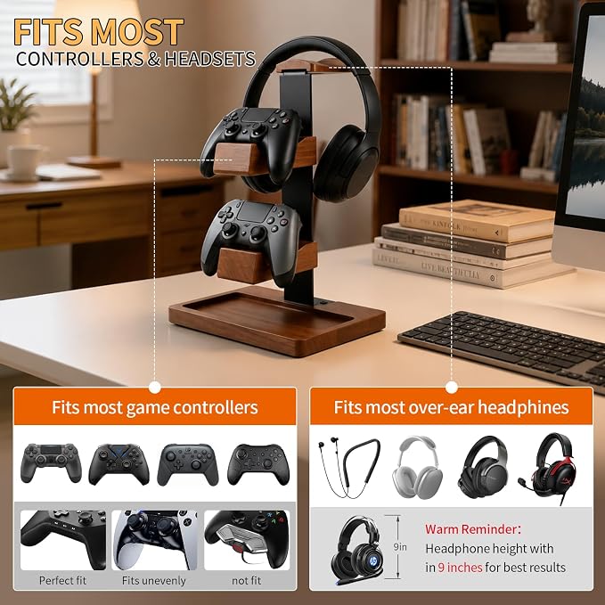 Headset Stand with Gaming Controller Holder, Wood Headphone Stand with Storage Base, Gaming Equipment Accessories for Desk - Image 2