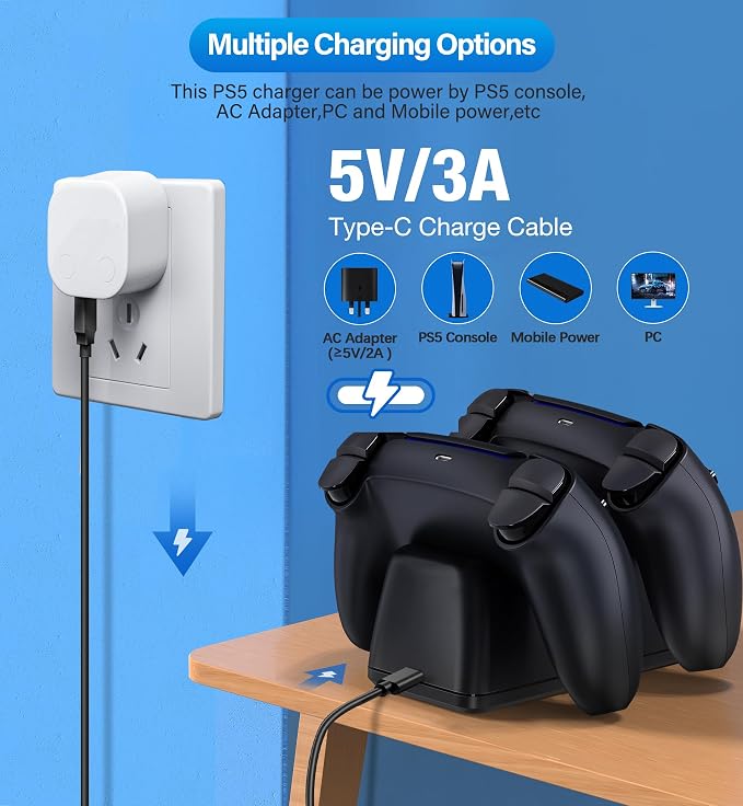 Controller Charging Station for PlayStation 5 Dualsense Controller with Dual Stand Charger Dock, Upgrade Charger for PS5 Accessories Fast Charging Cable, Charging Station Black for PS5 - Image 3