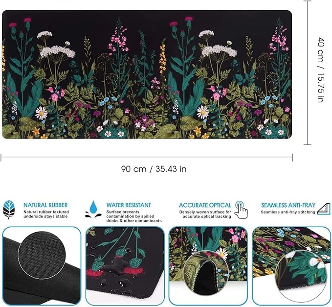 iCasso Desk Mat, Large Desk Mouse Pad for Desk,Home Office - Green Weeds | Desk Protector,Cottagecore Mouse Pad for Women with Smooth Lycra, Water-resistant, Non-slip Rubber Base and Stitched Edges - Image 2