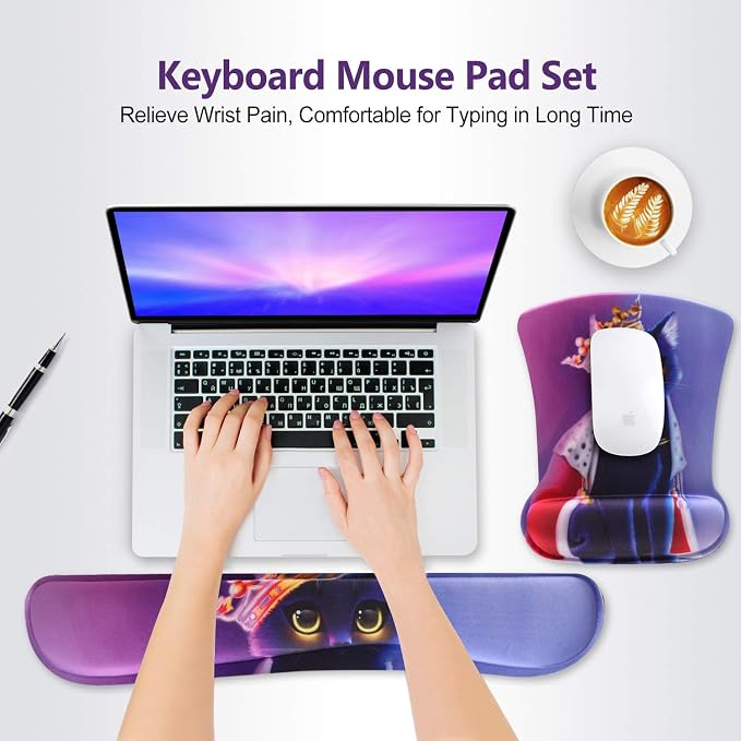 ToLuLu Keyboard Mouse Pad Wrist Rest Set, Gel Ergonomic Mouse Pads Wrist Support for Computer Laptop Home Office, Mousepad Keyboard Wrist Support Memory Foam for Easy Typing Pain Relief, Cat Princess - Image 2