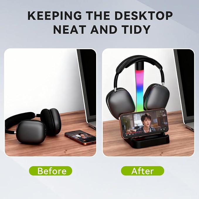 Headphone Stand with Charger,Gaming Headset stand with RGB Light Mode,For Airpod Max Stand,Desk Lamp,Phone Holder,Tablet Holder,desktop organizer,Gifts for Gamers & Music Lover(Black) - Image 6