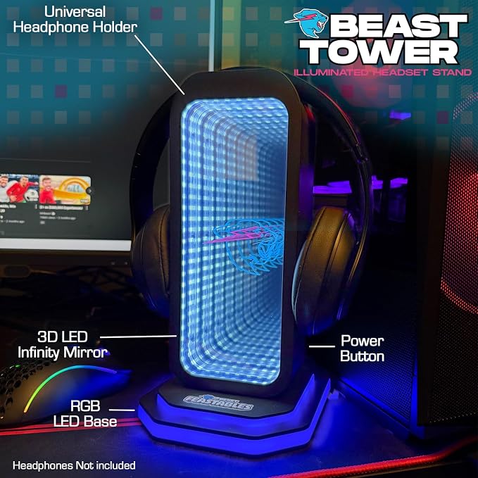 Feastables Beast Tower MrBeast Gaming Headphone Stand | RGB Light Display with Infinity Mirror Effect and Logo | Universal Headset Holder; USB Powered Desk Computer Accessory for Gamers and Streamers - Image 2