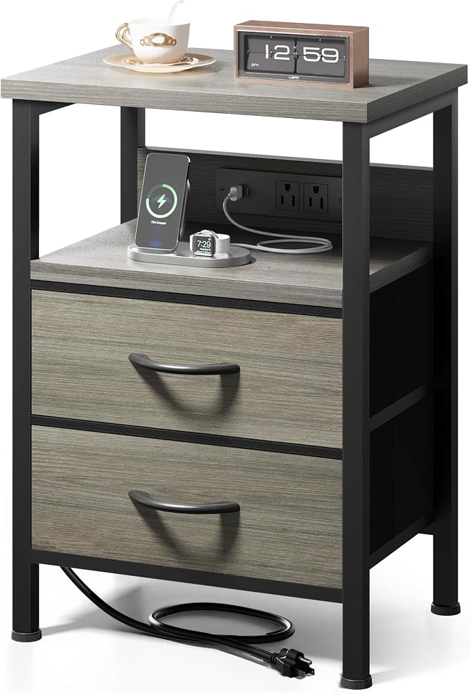 Lazzanto Night Stand with Charger Station, 2 Fabric Drawers, Grey by Lazzanto