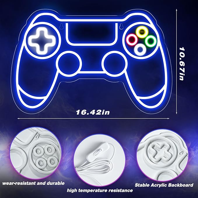Gamer Neon Sign, Gamepad Shaped LED Neon Sign for Gamer Room Decor, Gaming Neon Sign for Boys Room Decor, Neon Gaming Sign for Gaming Wall Decor, USB Powered Gamer Gifts for Teens, Boys, Kids - Image 2