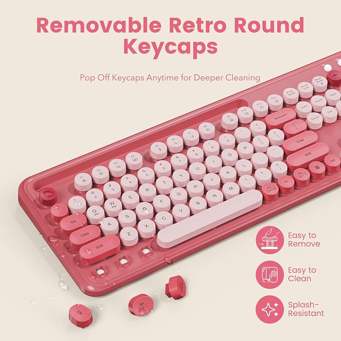 Wireless Keyboard and Mouse Combo, Retro Round Keycaps, Full-Size Stylish Typewriter Keyboard with Large Phone/Tablet Holder, 3-Level DPI Ergonomic Mouse, 2.4GHz Cordless for Windows PC, Rose Pink - Image 5