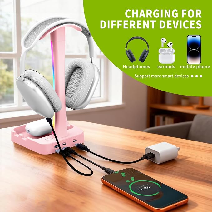 Headphone Stand with Charger,Gaming Headset stand with RGB Light Mode,For Airpod Max Stand,Desk Lamp,Phone Holder,Tablet Holder,desktop organizer,Gifts for Gamers & Music Lover (Pink) - Image 2