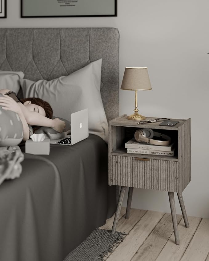 JOONEE Nightstand,Modern Bedside Table with Storage Drawer and Open Wood Shelf, for Living Room, Bedroom and Small Spaces, Accent Night Stand with Solid Wood Legs, Easy Assembly,Grey Oak - Image 4