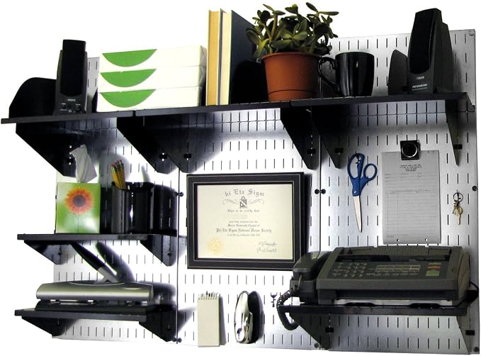 Wall Control Office Organizer Unit Wall Mounted Office Desk Storage and Organization Kit Metallic Slotted Wallboards and Black Accessories by Wall+Control