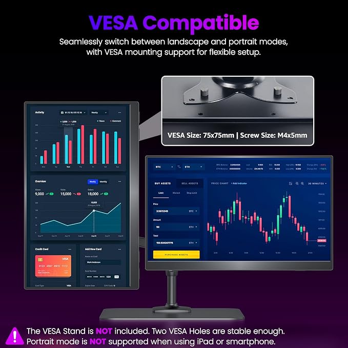 Upperizon Portable Monitor 15.6 inch 4K UHD 3840X2160 145% sRGB IPS HDR HDMI USB-C Travel Monitor for Laptop MacBook PC Surface PS5 Xbox, External Display with Kickstand & Speakers, VESA Compatible - Image 6