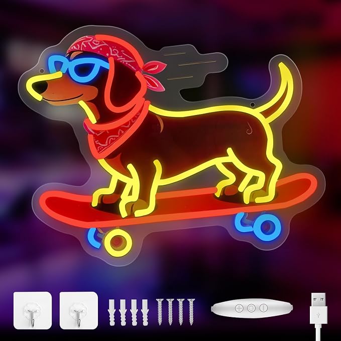 Skateboard Dog Neon Signs, Dachshund Skateboarding Neon Sign Cool LED Wall Art Decor | Dimmable Dog Lover Gift | Idea for Living Room, Bar, Shop, or Birthday Party - Image 3