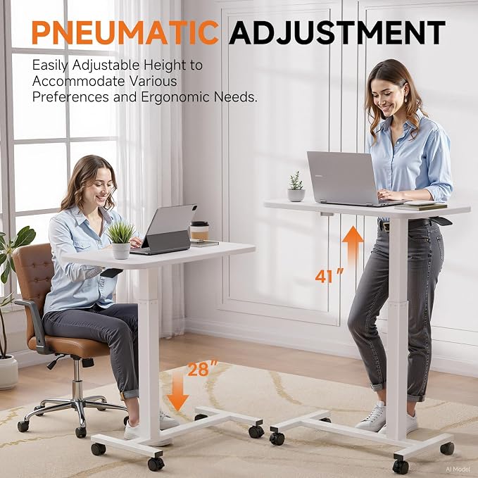 GTPLAYER Small Standing Desk with Wheels, Pneumatic Mobile Rolling Laptop Desk, Adjustable Height Overbed Bedside Table Computer Workstation for Home Office (28" W x 16" D, White) - Image 4