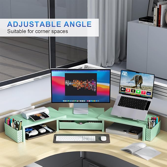 gianotter Dual Monitor Stand Riser With Drawer and 2 Pen Holders | Desk Organizer and Accessories Computer Monitor Stand, Desk Shelf for Top of Desk (Sage Green) - Image 3