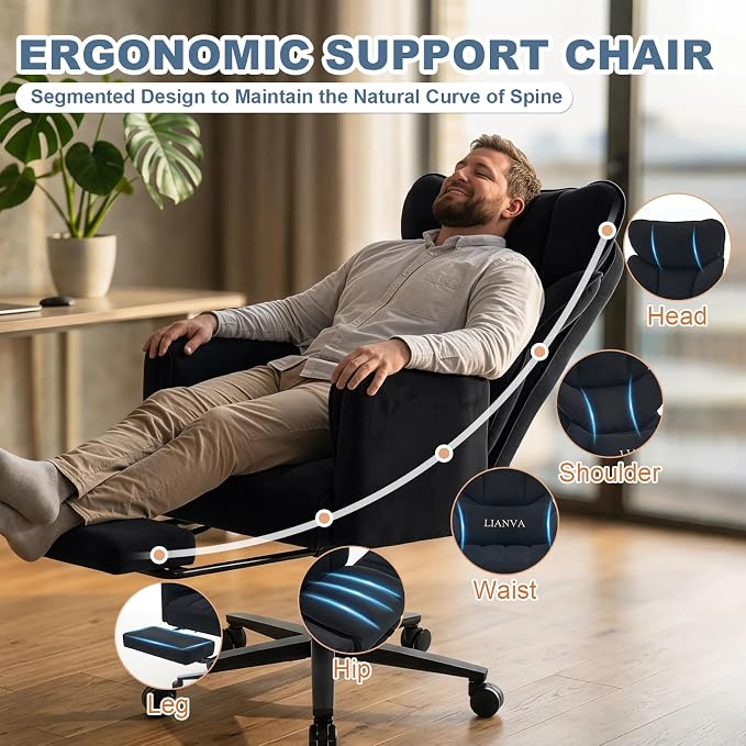 Big and Tall Office Chair, Reclining Executive Desk Chair, Cross Legged Ergonomic High Back Computer Gaming Chair with Flip Armrests Lumbar Support Footrest, Black Vanity Chair - Image 3