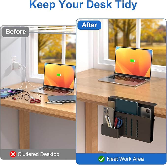 HAMOPY Desk Side Storage, Single-Layer Steel Hanging Desk Organizer with Magnetic Pen Holder, No Drilling Desk Drawer Cable Management Tray, Under Table Laptop Holder for Office, School&Home(Black) - Image 4