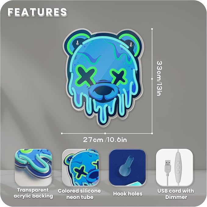 Ice Bear Neon Sign, Cool Led Sign for Wall Decor - Usb Powered, Adjustable Brightness Anime Bear Led Light for Bedroom, Bar, Pub, Party, Man Cave Decor, Unique Gift for Teenage Boys - Image 3