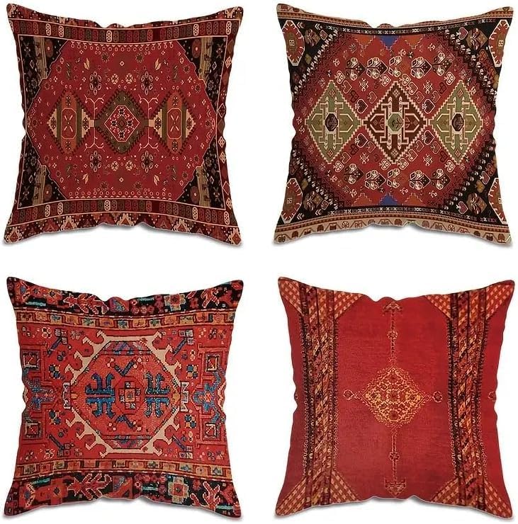 Set of 4 Vibrant Oriental Ikat Throw Pillow Covers - Colorful Geometric & Tribal Patterns, Decorative Cushion Cases for Living Room Sofa,Throw Pillows for Couch，18x18 Pillows Linen Pillowcase by Unknown