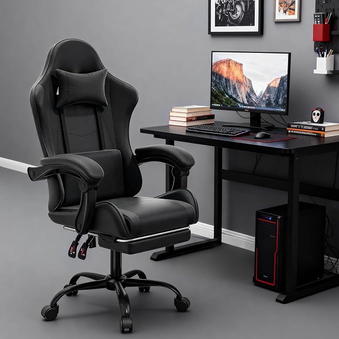 MoNiBloom Gaming Chair, Footrest & Lumbar Support, Height Adjust, Black | Headrest & Lumbar Support, Ergonomic Computer chair, for Adult Teen Office or Gaming,Swivel game chair, leather gaming chair - Image 2
