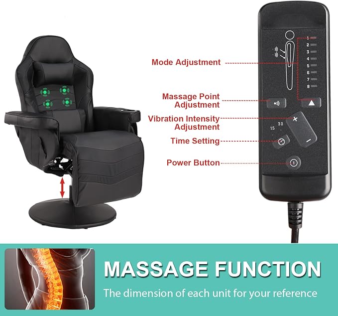 LVUYOYO Reclining Gaming Chair, Gaming Chair with Footrest and Massage, High Back PU Leather Gaming Recliner w/Adjustable Height, Swivel Game Chair with Lumbar Support, Cup Holder, Headrest - Image 5