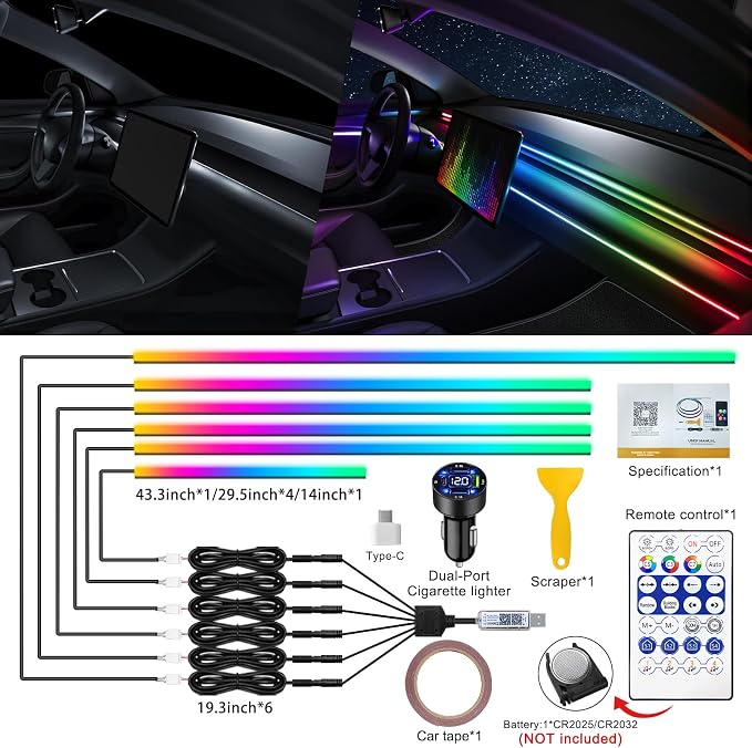 Acrylic Interior Car LED Strip Light with USB/Type C/4-Port Cigarette Lighter, Dreamcolor 6 in 1 with 175 inches 650 LEDs Ambient Lighting Kits, Sound Active Function Neon Led Strips for Car - Image 2