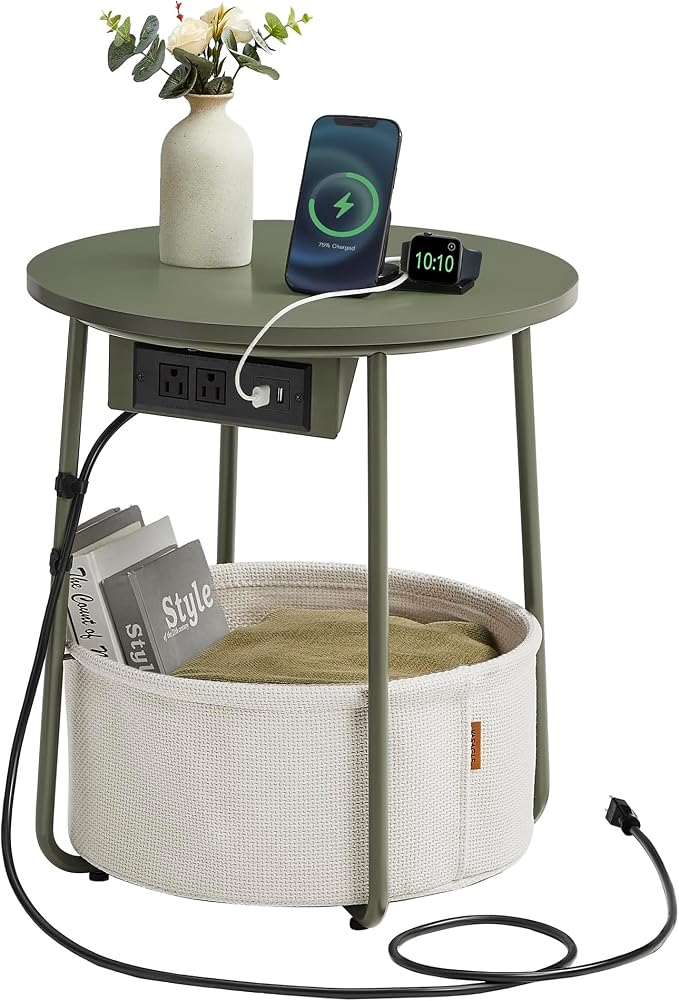 VASAGLE Side Table with Charging Station,Fabric Basket, Round End Table by Unknown