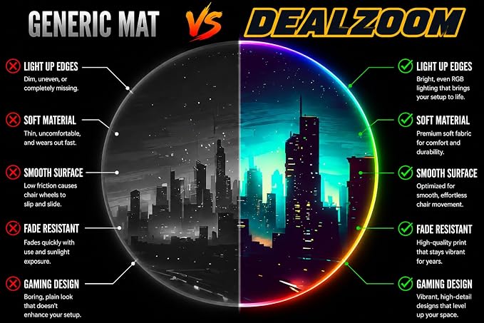Gaming Chair Mat for Hardwood Floor Circle RGB Gaming Lights (Skyline 47”) - Noise Cancelling, Anti-Slip Gamer Floor Mat – Scratch Resistant Computer Gaming Mat for Chair – Office Chair Mat - Image 3