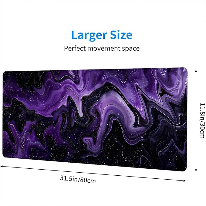 Dark Purple Ripples Desk Pad Mouse Pad Black Purple Lines Large Gaming Mouse Mat with Stitched Edges,Non-Slip Waterproof Rubber Base Mous Mat Office Computer Keyboard Laptop Home 31.5"x11.8" - Image 2