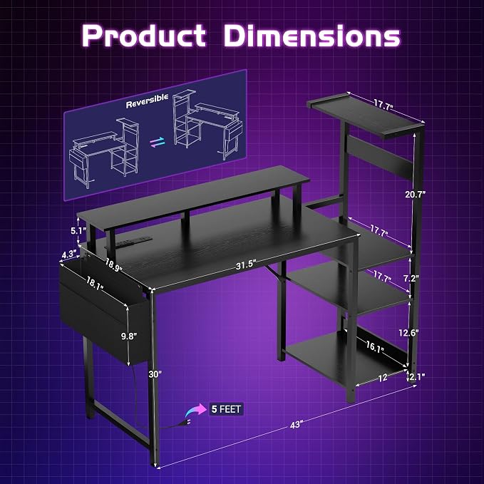 Gaming Desk 43 Inch Computer Table with Storage Shelves & Monitor Stand - Image 3