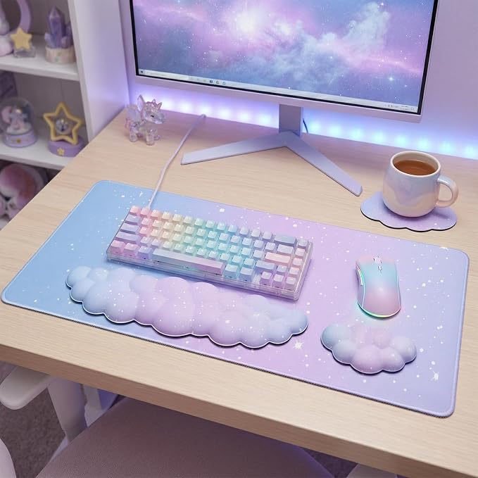 Cloud Mouse Pad Keyboard Wrist Rest 4PCS Extended Large Galaxy Stars Desk Mat Pad Set Memory Foam Non-Slip Cute Ergonomic Gaming Mouse Pad Wrist Support for Computer Home Office Purple Blue - Image 8