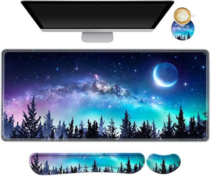 AIMSA Large Gaming Mouse Pad Set, Keyboard Wrist Rest Support + Extended Mouse Pad + Mouse Wrist Cushion + Coaster, Ergonomic Memory Foam Multifunctional Desk Mat 35x15.7inch (Forest Moon Sky) by AIMSA