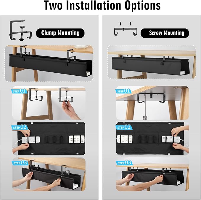 No Drill Large Under Desk Cable Management Tray, Fabric Cord Hider for Wire Organizer, Clamp/Screw Mount Cord Organizer, Standing Desk Cable Management for Office Home (Large (36 Inch)) - Image 4