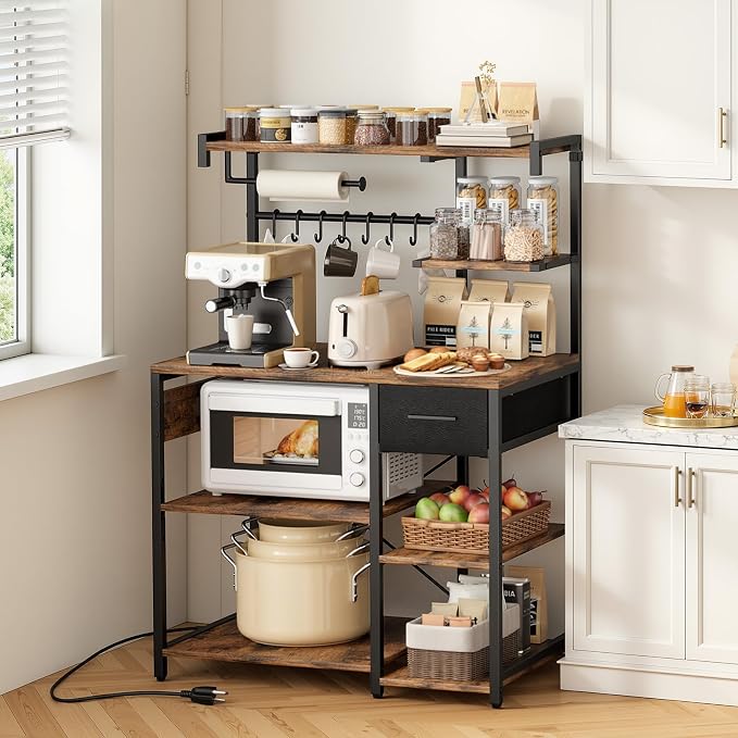 VEVOR Kitchen Bakers Rack with Power Outlets, 31.5 x 15.7 x 55.1 Inch Microwave Stand with Built-in Power Strip & 4.6 Ft Cord, 8 S-Shaped Hooks, for Dish Storage, Spice Jars, Coffee Bar Organization - Image 8